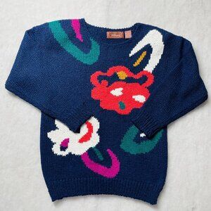 Vintage 80s Worthington Womens Blue Abstract Boucle Knit Pullover Sweater Size M